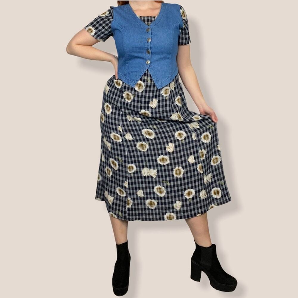 Vintage Croft & Barrow Medium Chambray Plaid Sunflower Layered Vest Midi Dress